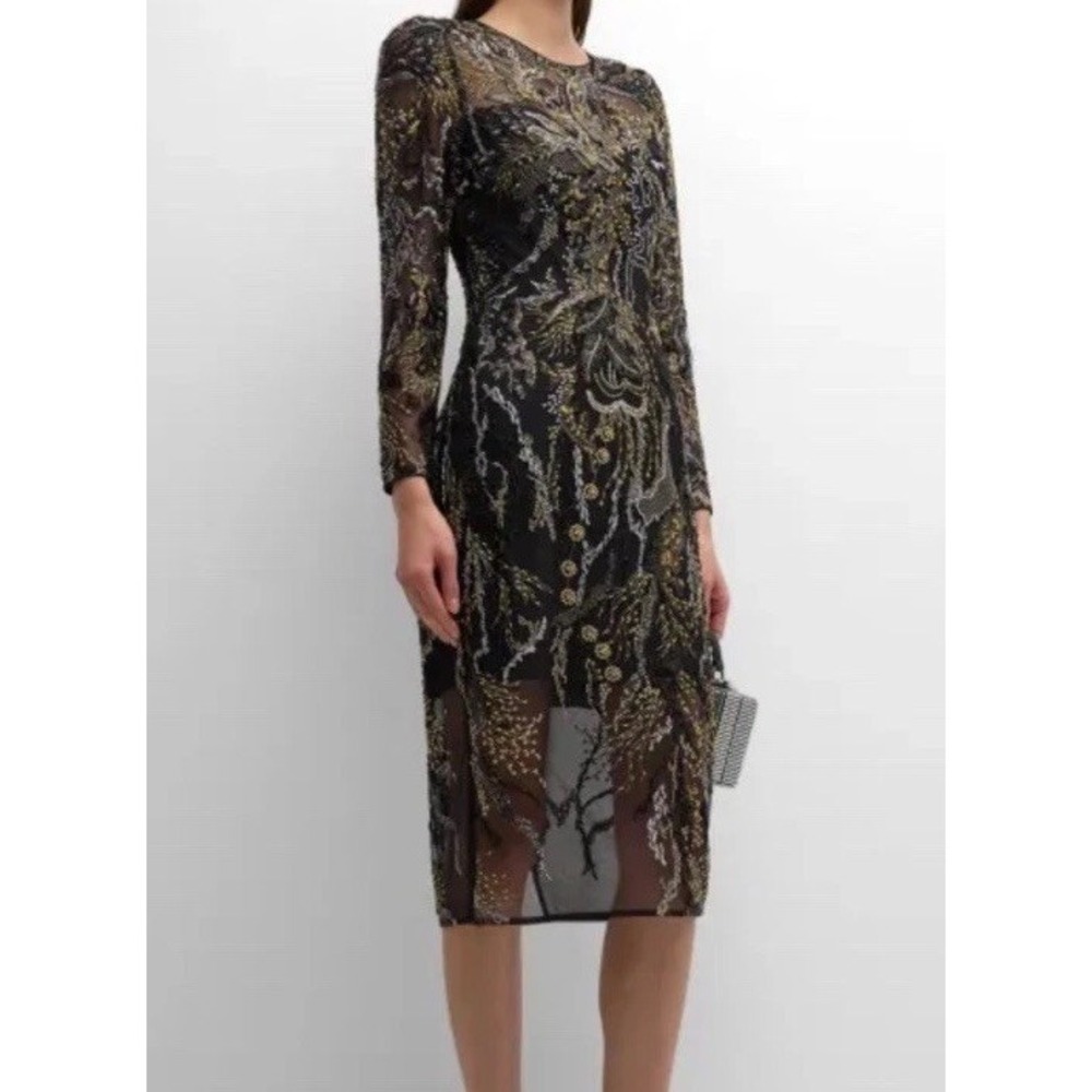 Dress The Population‎ Black Embroidered Sequin Bodycon Midi Long Sleeve Formal S